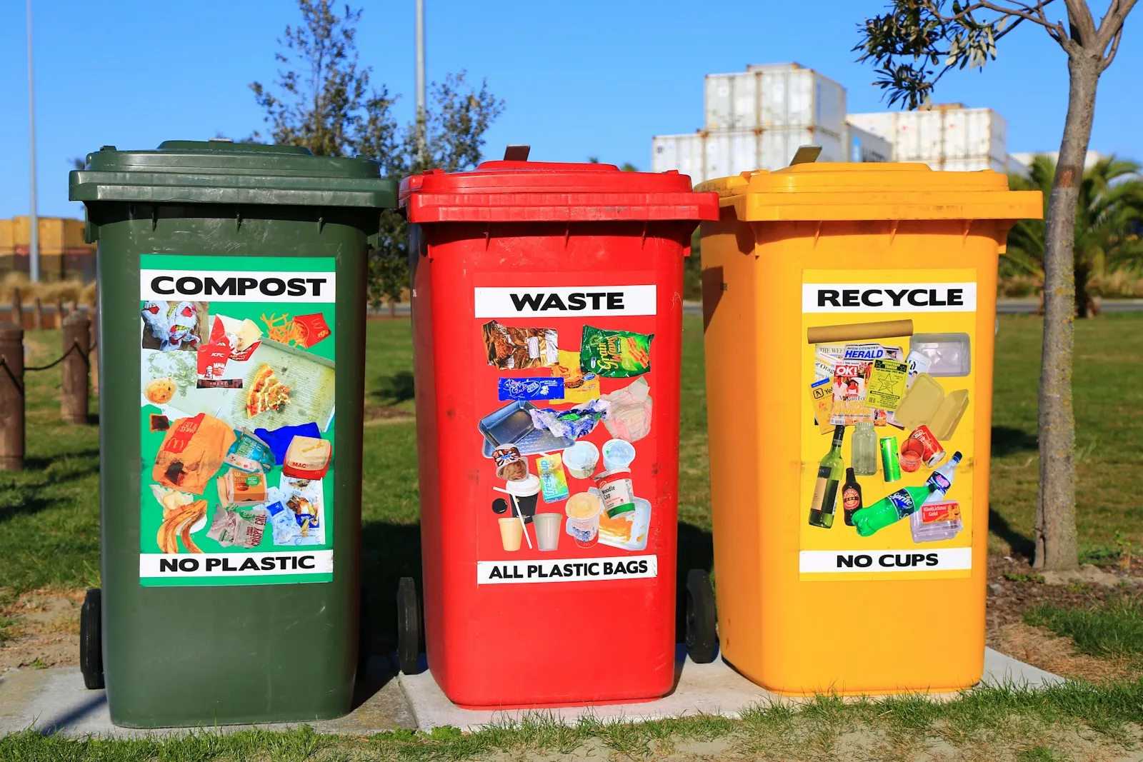 Compost, waste and recycling bins side by side