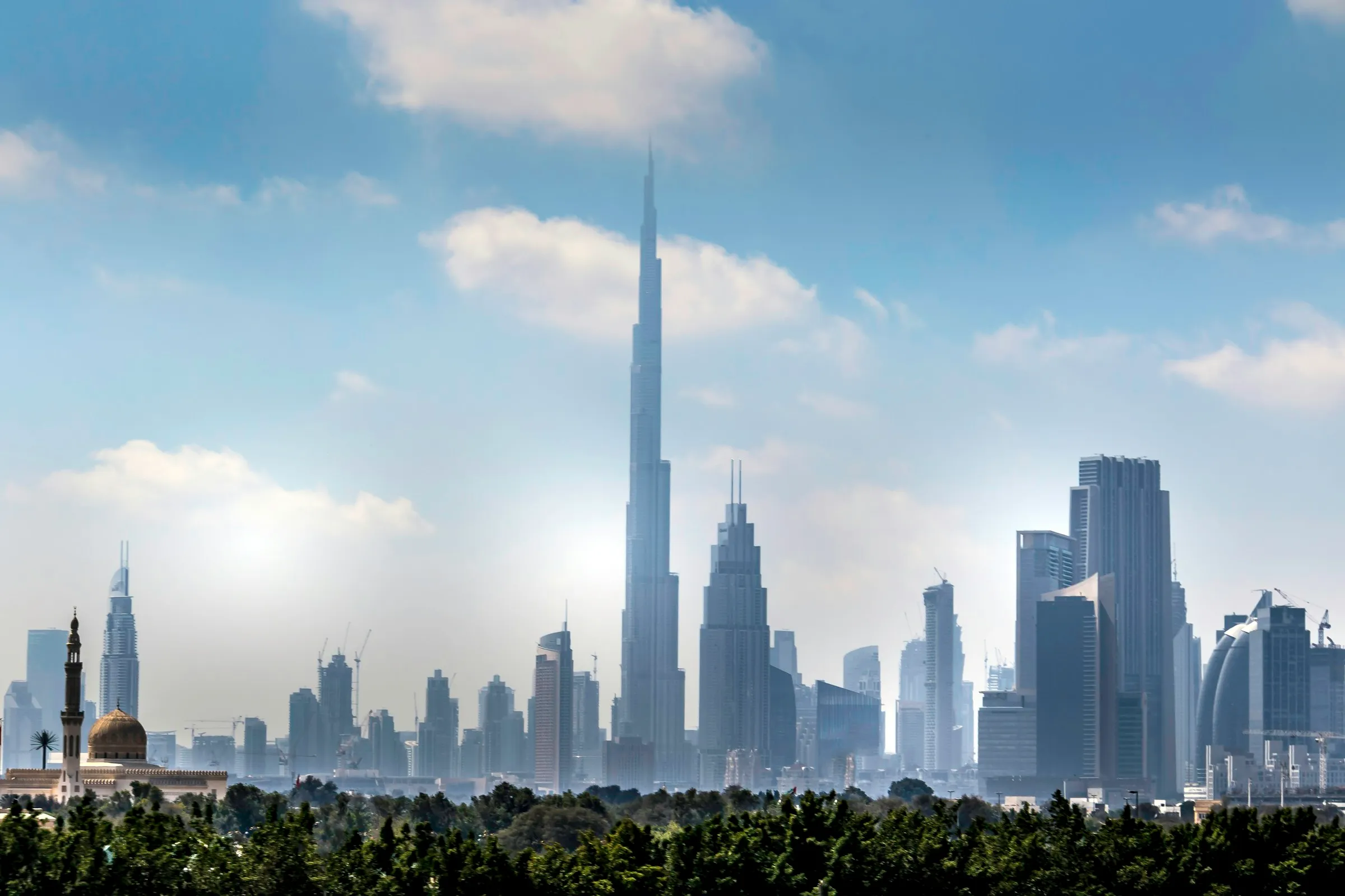 Dubai skyline with the Burj Khalifa on a bright day