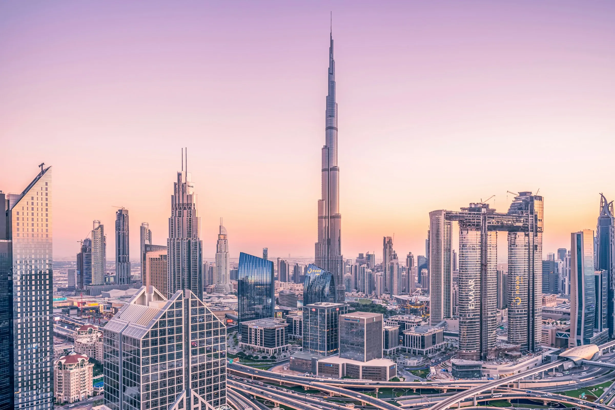 Downtown Dubai and the Burj Khalifa at dusk